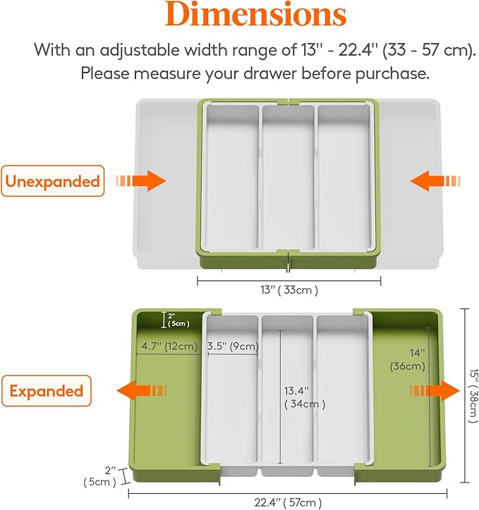 Lifewit Utensil Organizer for Kitchen Drawers, Expandable Cooking Utensil Tray, Adjustable Cutlery Silverware Flatware Holder, Plastic Spatula Tools Storage Divider, 13-22 x 15", Green&White - Image 2