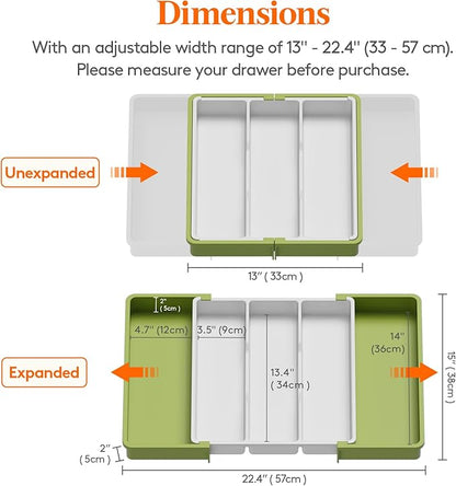 Lifewit Utensil Organizer for Kitchen Drawers, Expandable Cooking Utensil Tray, Adjustable Cutlery Silverware Flatware Holder, Plastic Spatula Tools Storage Divider, 13-22 x 15", Green&White - Image 2