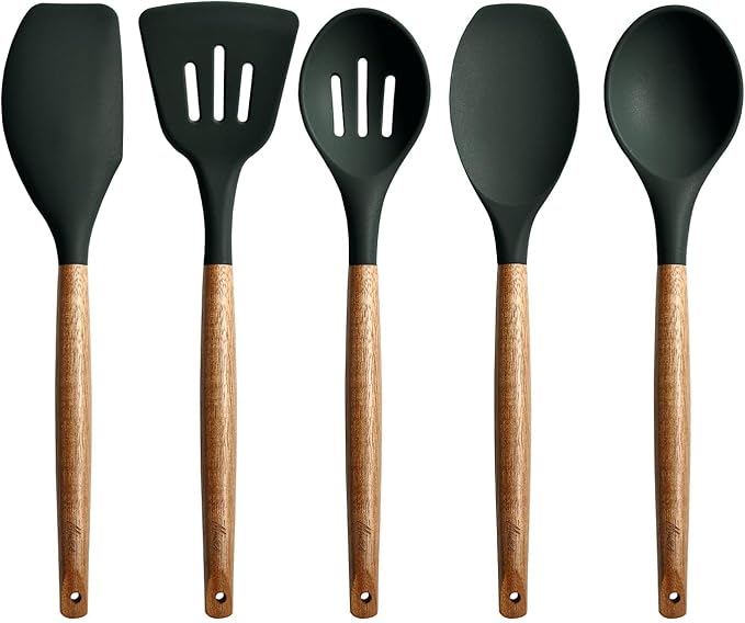 Non-Stick Silicone Cooking Utensils Set with Natural Acacia Hard Wood Handle, 5 Piece, High Heat Resistant (Green) - Image 9