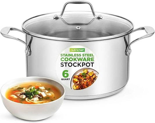 NutriChef 6 Quart Stainless Steel Stock Pot with Lid | Induction Cookware for Home & Commercial Use | Heavy Duty Cooking Pot for Boiling or Simmering Soup, Pasta, Seafood, and Sauces
