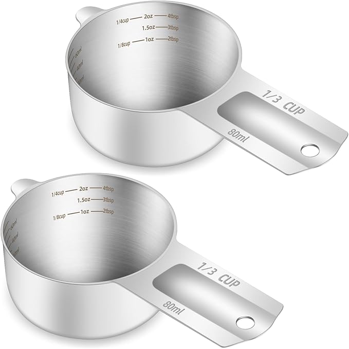 2PCS 1/3Cup (80ml, 2.6oz) Single Measuring Cup, Etched Inner Scale Stainless Steel Measure Scoop, Metric and US Measurement, Dishwasher Safe by BERYLER