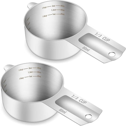 2PCS 1/3Cup (80ml, 2.6oz) Single Measuring Cup, Etched Inner Scale Stainless Steel Measure Scoop, Metric and US Measurement, Dishwasher Safe by BERYLER
