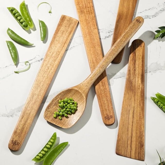 SLATE & ROYCE 5-Piece Acacia Wood Utensil Set, Non-Toxic Wooden Kitchen Tools with Tapered Edges, Heat-Resistant, For Non-Stick Frying Pan, Cast Iron Skillet, Flat Spatulas, Scraper & Spoon Set