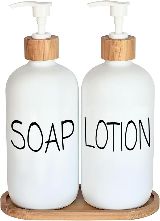 White Soap Dispenser Bathroom Set, Set with Glass Dispenser, Bamboo Pumps & Tray. Hand and Lotion Suitable for Farmhouse Decor by DIDROOM