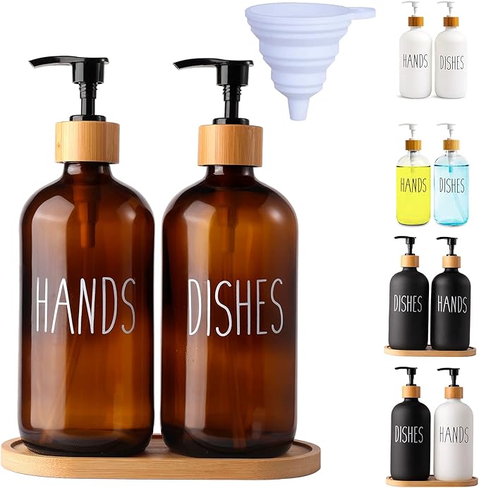 LOOCHICA Amber Glass Soap Dispenser Set with Tray, Amber Dish and Hand Soap Dispenser Set, Refillable Reusable Apothecary Soap Pump Dispenser Bottles for Bathroom and Kitchen by Loochica