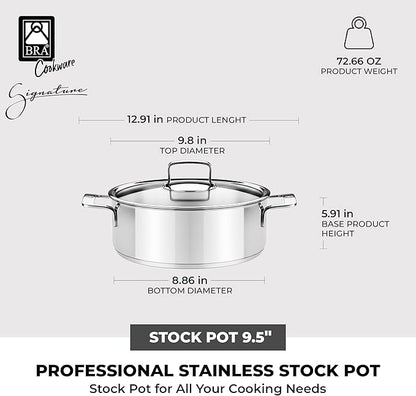 BRA COOKWARE Signature Stainless Steel Stock Pot w/Glass Lid | 9.5 Inch 4 Quart Professional Grade Cooking Pot | PFOA Free Deep Pot | All Cooktops | All Cooktops (incl. Induction) & Oven Safe