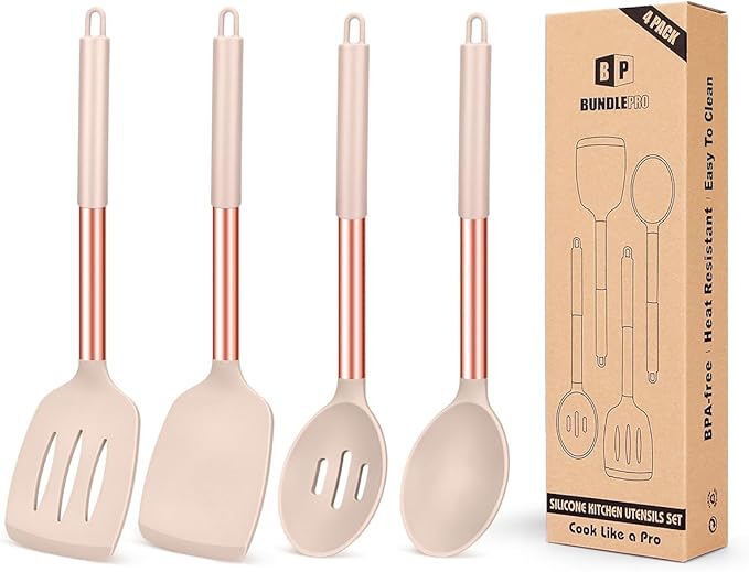 Pack of 4 Silicone Cooking Utensils Set, Non Stick Large Solid Spatulas, Heat Resistant Rose Gold Khaki Slotted Spoons, Ideal BPA Free Kitchen Turners for Frying, Mixing,Serving,Draining,Turning by BUNDLEPRO