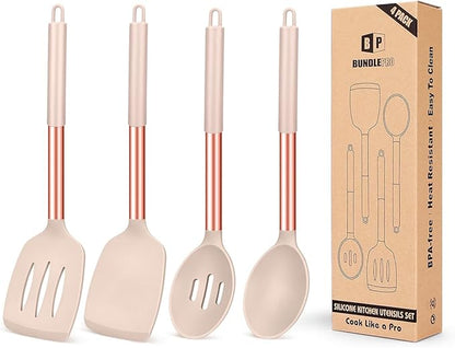 Pack of 4 Silicone Cooking Utensils Set, Non Stick Large Solid Spatulas, Heat Resistant Rose Gold Khaki Slotted Spoons, Ideal BPA Free Kitchen Turners for Frying, Mixing,Serving,Draining,Turning by BUNDLEPRO