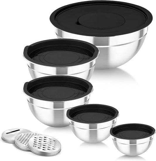 TeamFar Mixing Bowls with Airtight Lids, 5PCS Stainless Steel Metal Salad Bowl with 3 Grater Attachments, for Cooking, Prepping, Serving, Healthy & Easy Clean - 0.7/1/1.5/2.6/4.6QT, Black by TeamFar