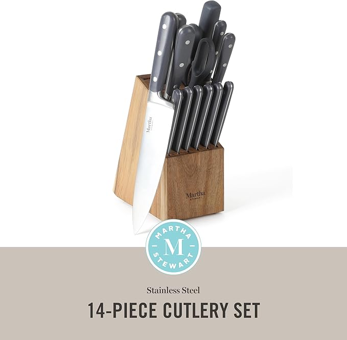 MARTHA STEWART Eastwalk 14 Piece High Carbon Stainless Steel Cutlery Knife Block Set w/ABS Triple Riveted Forged Handle Acacia Wood Block - Gray - Image 2