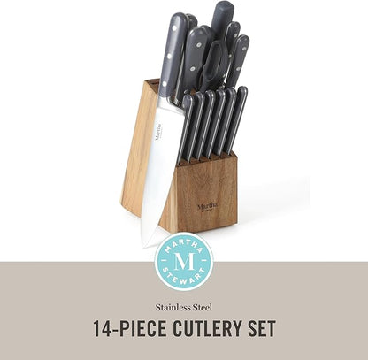 MARTHA STEWART Eastwalk 14 Piece High Carbon Stainless Steel Cutlery Knife Block Set w/ABS Triple Riveted Forged Handle Acacia Wood Block - Gray - Image 2