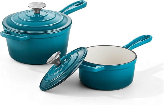 Homikit 1 QT & 2 QT Saucepan Set, Enameled Cast Iron Saucepan with Lid for All Cooktops, Small Pot Mini Dutch Oven for Kitchen Cooking, Boiling, Nonstick & Heavy Duty, Teal Ombre