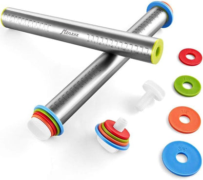 Rolling Pin and Silicone Baking Pastry Mat Set, Stainless Steel Dough Roller, Rolling Pins with Adjustable Thickness Rings, for Baking Fondant, Pizza, Pie, Pastries, Pasta, Cookies - Image 2