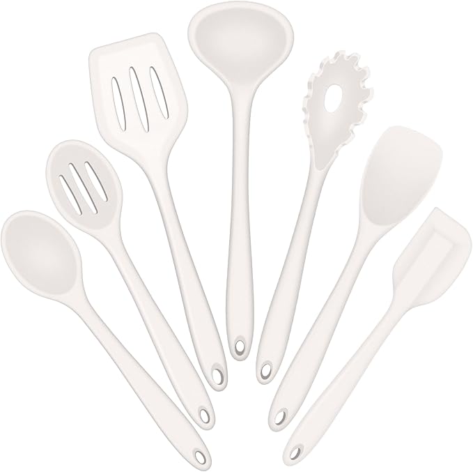 E-far Silicone Cooking Utensils Set, 7-Piece White Heat Resistant Kitchen Utensils Set, Kitchen Nonstick Tools Spatula Ladle Spoon Pasta Server for Non-stick Cookware, Non-Toxic & Dishwasher safe by E-far