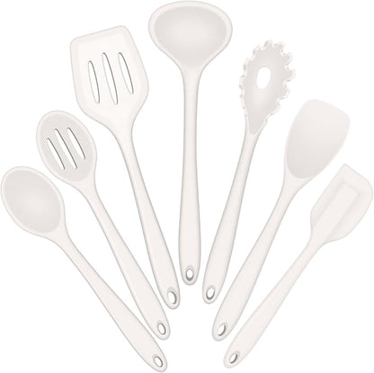 E-far Silicone Cooking Utensils Set, 7-Piece White Heat Resistant Kitchen Utensils Set, Kitchen Nonstick Tools Spatula Ladle Spoon Pasta Server for Non-stick Cookware, Non-Toxic & Dishwasher safe by E-far