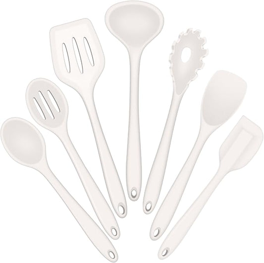 E-far Silicone Cooking Utensils Set, 7-Piece White Heat Resistant Kitchen Utensils Set, Kitchen Nonstick Tools Spatula Ladle Spoon Pasta Server for Non-stick Cookware, Non-Toxic & Dishwasher safe by E-far