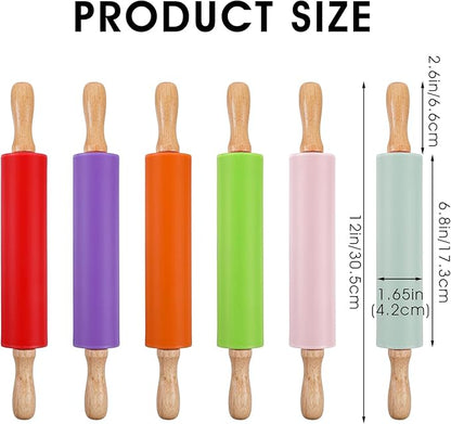6 Pack Small Rolling Pins for Kids, Silicone Rolling Pin with Wooden Handle, Mini Rolling-Pins for Dough, Cookie, Pastry, 12 Inch (6 Colors) - Image 2
