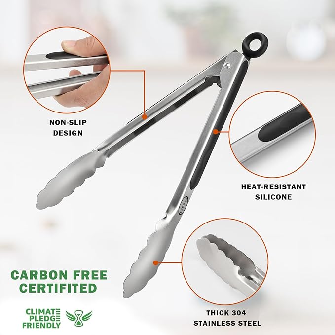 TACGEA Stainless Steel Kitchen Tongs, Silicone Non-slip Grip, Locking Grilling Food Tongs Set of 2, 9-inch & 12-inch - Image 5