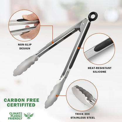 TACGEA Stainless Steel Kitchen Tongs, Silicone Non-slip Grip, Locking Grilling Food Tongs Set of 2, 9-inch & 12-inch - Image 5