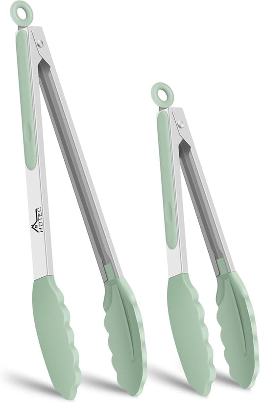 HOTEC Premium 7 & 9 Inch Kitchen Tongs, Stainless Steel Locking Cooking Tongs with Silicone Tips, Non-Scratch & Heat Resistant, Serving Tongs for Salad, BBQ, Light Green, Set of 2 by Hotec
