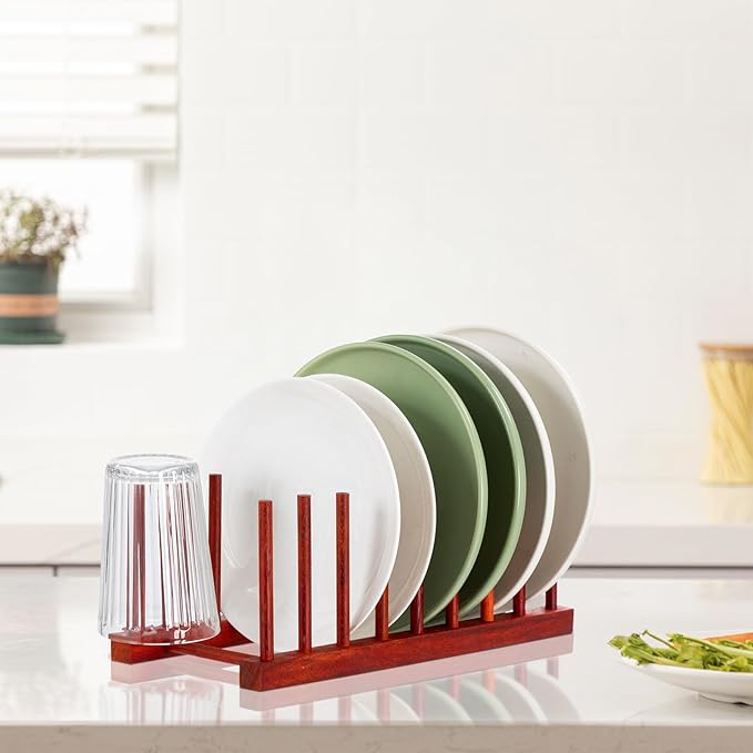 HBlife Rosewood Wooden Dish Drying Rack - Home and Kitchen Organizer for Cups, Bowls, Pots, Lids, Cutting Boards & Plates Space-Saving for Cabinets Counters (8 Slots)
