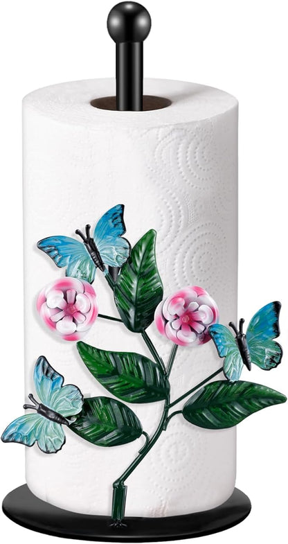 Peryiter Flower Paper Towel Holder Butterfly Kitchen Decoration Countertop Spring Farmhouse Decorative Accessory Black Metal Paper Towel Stand Weighted Base for Women Mom Grandma