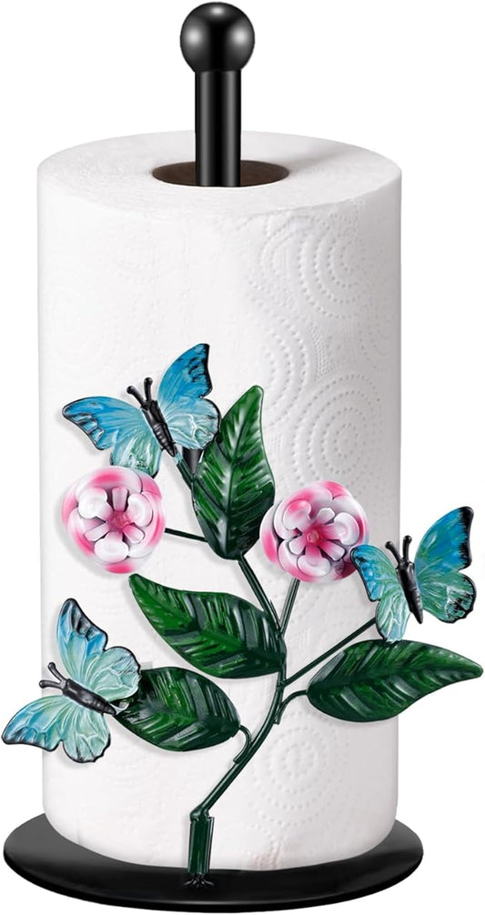 Peryiter Flower Paper Towel Holder Butterfly Kitchen Decoration Countertop Spring Farmhouse Decorative Accessory Black Metal Paper Towel Stand Weighted Base for Women Mom Grandma