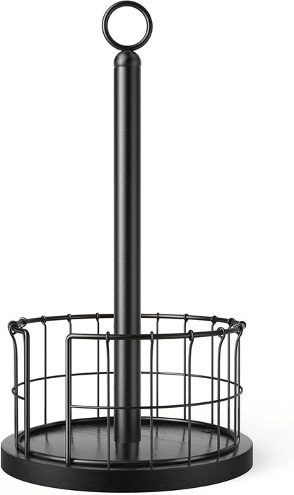 Homode Paper Towel Holder Countertop, Free-Standing Paper Towel Rack with Heavy Duty Wood Base, Industrial Paper Towel Roll Stand for Kitchen Counter, Fits Standard and Jumbo Size Rolls, Black
