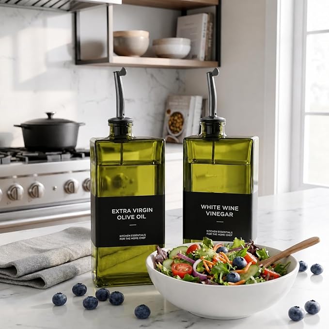 Glass Olive Oil Dispenser Bottle Set of 2 (16.9 oz/500 ml), Green Square Oil & Vinegar Cruet with Drip-Reducing Pour Spouts, Bamboo Tray + Stainless Steel Funnel, 40 Labels for Kitchen Counter