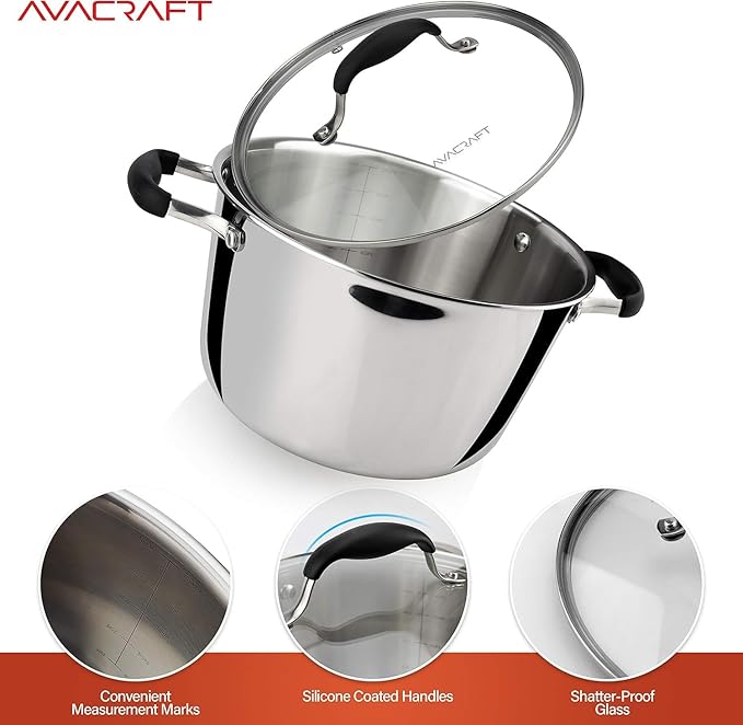 AVACRAFT 18/10 Tri-Ply Stainless Steel 5 Quart Dutch Oven Pot with Shatterproof Glass Lid, Compatible with All Cooktops, Gas, Electric & Induction, Multipurpose, Stockpot, Casserole, Dishwasher Safe
