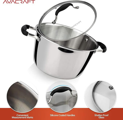 AVACRAFT 18/10 Tri-Ply Stainless Steel 5 Quart Dutch Oven Pot with Shatterproof Glass Lid, Compatible with All Cooktops, Gas, Electric & Induction, Multipurpose, Stockpot, Casserole, Dishwasher Safe