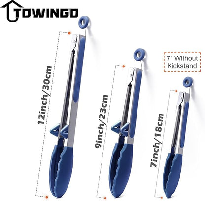 Silicone Tongs for Cooking, 3Pcs Stainless Steel Kitchen Tong with Silicone Tips, Heat Resistant Food Grade Small Serving Tong for BBQ Salad, Blue(7"+9"+12")