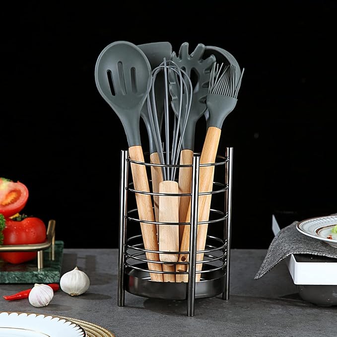 Black Kitchen Utensil Holder for Kitchen Counter, Stainless Steel Utensil Crocks, Black Titanium Coating Utensil Storage Caddy Organizer, Cooking Utensil Holder, Easy Cleaning (Black/7.4''x5.2'') - Image 4