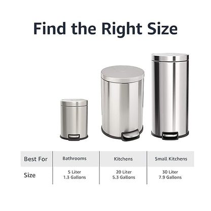Amazon Basics Round Cylindrical Trash Can with Soft-Close Lid, Foot Pedal, Removable Inner Bucket, Smudge Resistant, 20 l/5.3 gallon, Brushed Stainless Steel
