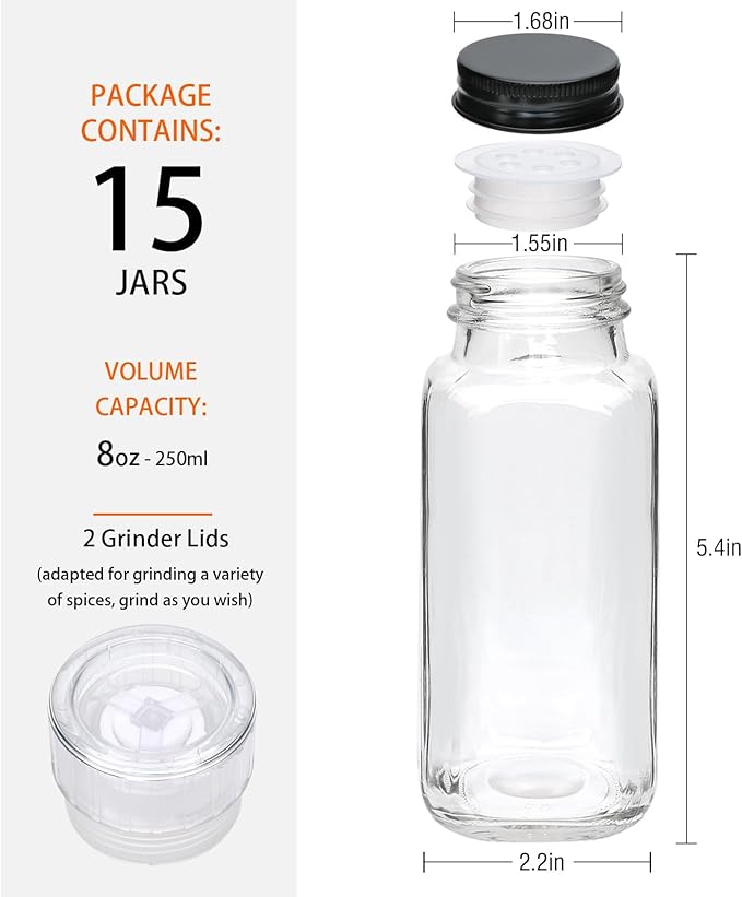 15 Pack 8oz Glass Spice Jars with Grinders, Square Spice Bottles with Deeper Shaker Lids & Airtight Metal Caps, Seasoning Containers with Labels for Spice Organization, Fits Cabinet, Spice Rack - Image 2