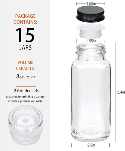 15 Pack 8oz Glass Spice Jars with Grinders, Square Spice Bottles with Deeper Shaker Lids & Airtight Metal Caps, Seasoning Containers with Labels for Spice Organization, Fits Cabinet, Spice Rack - Image 2