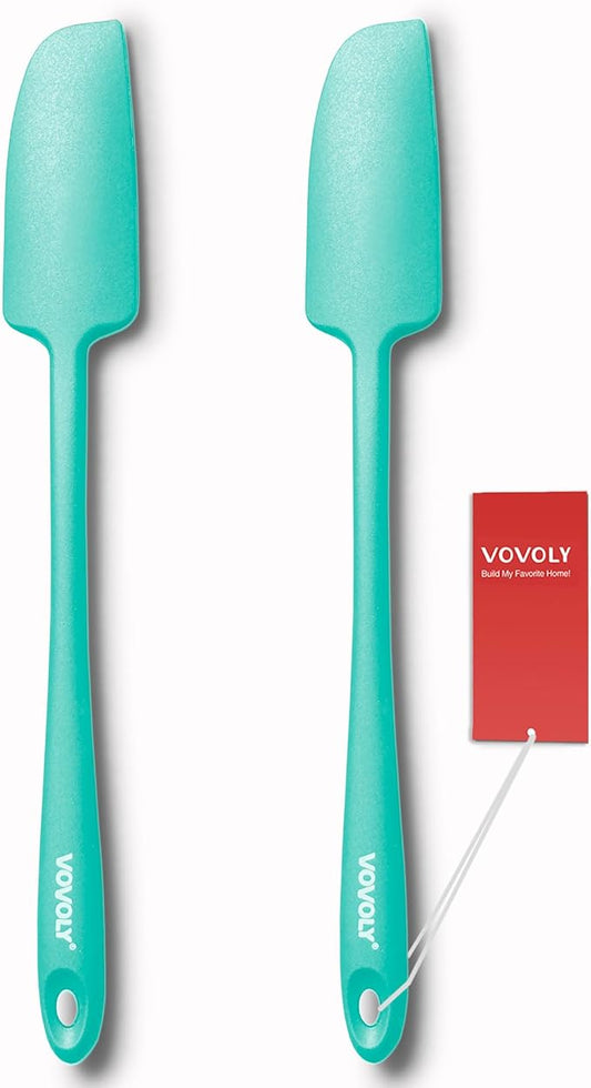 2-Pack Vovoly Silicone Jar Spatulas, Small Seamless Design Rubber Scraper with Stainless Steel Core, Heat Resistant and Non-Stick Mini Spatula for Jars and Blenders, BPA Free,11 IN, Teal