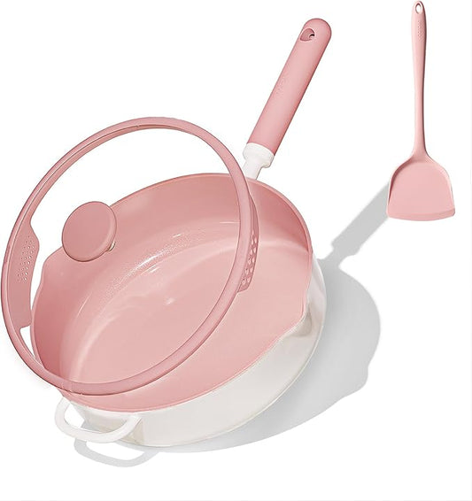 CAROTE 11 Inch Nonstick Deep Frying Pan with Lid, 5 Qt Chef Saute Pan with Pour Spout, Skillet Induction Cookware, Non Stick Cooking Pan Kitchen Pan, Healthy & PFOA/PFAS Free, Includes Spatula, Pink by CAROTE