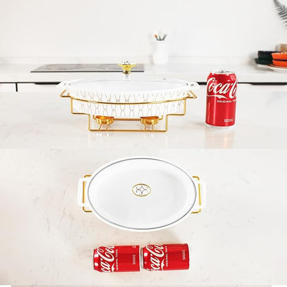 10" x 7" Ceramic Oval Casserole Dish with Glass Lid and Gold rack, 30 ounce Serving Soup Tureen,Chafing Dish for Buffet, Family Food preserve Tray, Catering Casserole for Party Style