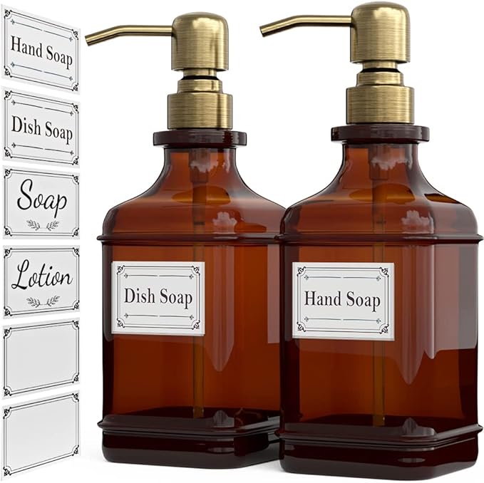 GLADPURE Soap Dispenser 2 Pack, Hand Soap Dispensers with 18 Oz Antique Design Thick Amber Glass Bottle, 316 Rust Proof Stainless Steel Pump, 6Pcs Stickers, for Lotion, Soap - Brushed Gold by GLADPURE