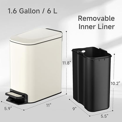 TIPGO Slim Bathroom Trash Can with Lid Soft Close, 6 Liter / 1.6 Gallon Stainless Steel Garbage with Removable Inner Bucket, Small Trash Bins for Bedroom, Office (Cream) - Image 5