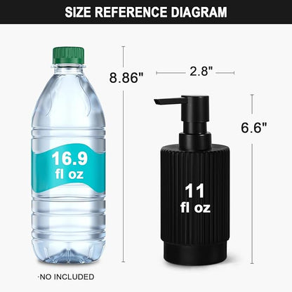 VIMERPA Hand and Dish Soap Dispenser Set for Kitchen, 2 Pack 11 fl oz Matte Black Ribbed Glass Soap and Lotion Dispensers Sets with Pump for Bathroom, Modern Refillable Liquid Soap Pump Bottle