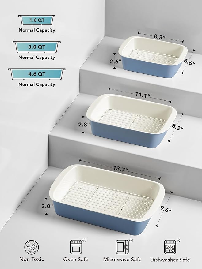 LE TAUCI Deep Casserole Dishes for Oven, 13.7”x9.6” Ceramic Baking Dish Set with Roasting Racks, Large Lasagna Pans with Handles, Rectangular Bakeware as Gift for Mom, Dusty Blue (4.6QT/3.0QT/1.6QT), Set of 3 - Image 3