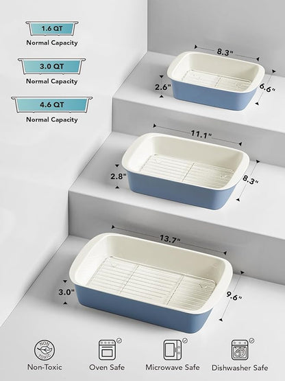 LE TAUCI Deep Casserole Dishes for Oven, 13.7”x9.6” Ceramic Baking Dish Set with Roasting Racks, Large Lasagna Pans with Handles, Rectangular Bakeware as Gift for Mom, Dusty Blue (4.6QT/3.0QT/1.6QT), Set of 3 - Image 3