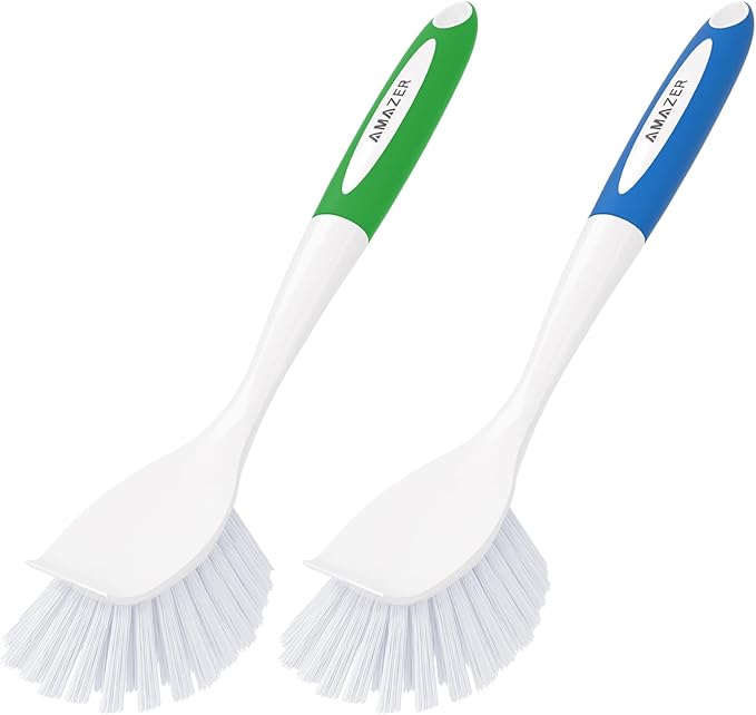 Amazer Dish Brush with Handle, 2 Pack Kitchen Scrub Brushes for Cleaning, Dish Scrubber with Stiff Bristles for Sink, Pots, Pans by Amazer