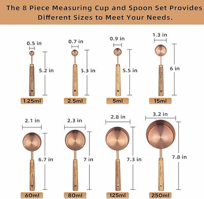 Measuring Cups and Spoons Set of 8, Stainless Steel Measuring Cup with Wooden Handle, Kitchen/Food/Liquid/Baking (Copper)