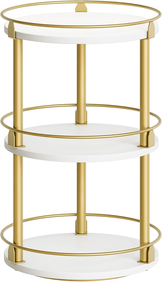 Yatiney 3-Tier Lazy Susan, Rotating Spice Rack, Spinning Organizer, Industrial Turntable Spice Rack for Cabinet, Kitchen Countertop, Pantry, White and Gold SR23DW by Yatiney