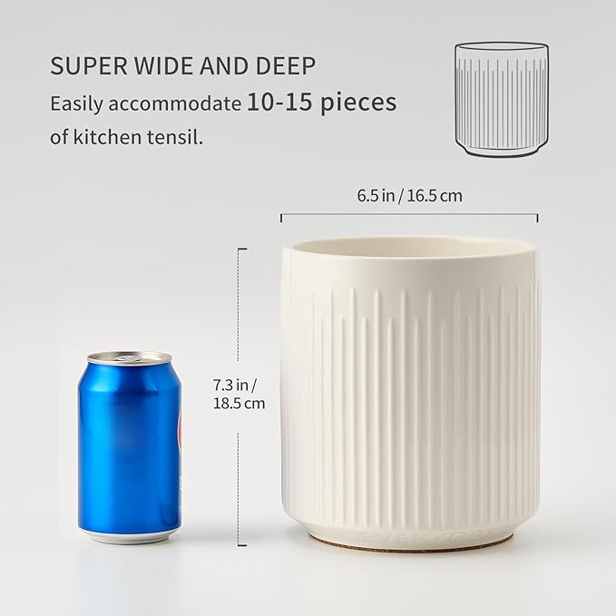 JIEMEI HOME Utensil Holder, 7.2" Large Ceramic Stable Utensil Crock for Kitchen Counter, Utensil Holder with Cork Mat, Removable Bamboo Divider for Easy, Kitchen Decor, White - Image 4
