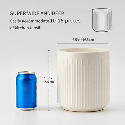 JIEMEI HOME Utensil Holder, 7.2" Large Ceramic Stable Utensil Crock for Kitchen Counter, Utensil Holder with Cork Mat, Removable Bamboo Divider for Easy, Kitchen Decor, White - Image 4