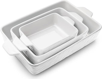 Casserole Dishes for Oven, Ceramic Baking Dishes, Lasagna Pan with Handles, Porcelain Baking Pan Deep, Bakeware for Baking, Cooking, Wedding Gift, Set of 3 (11.6" x 7.8", White) by Krokori